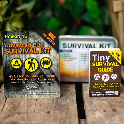 P-49 Elite Survival Kit - Bundle featuring Pocket 45 Advanced EDC Survival Kit and Tiny Survival Guide.