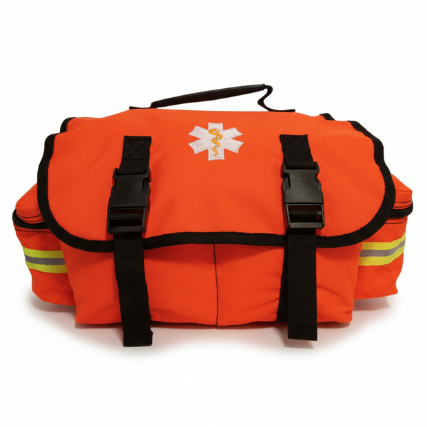 Orange emergency bag with black straps and a medical symbol on a white background