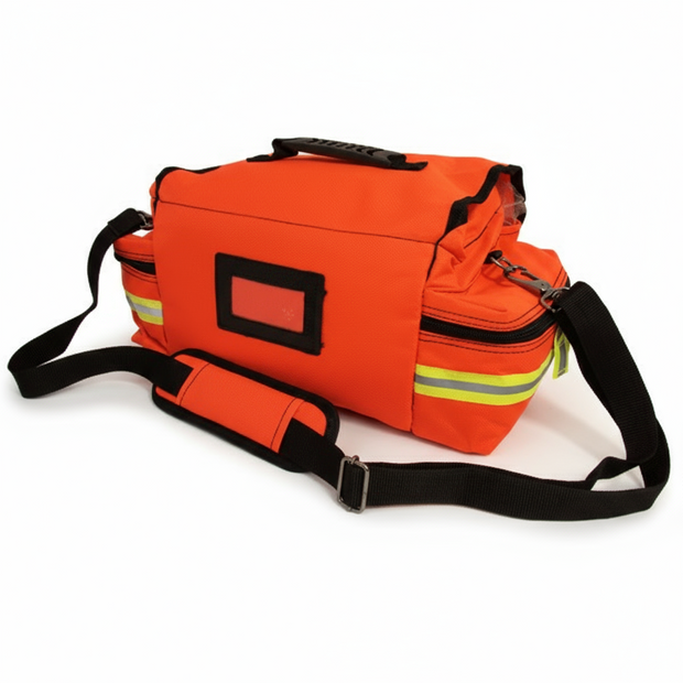 Orange emergency bag with reflective stripes on a black background