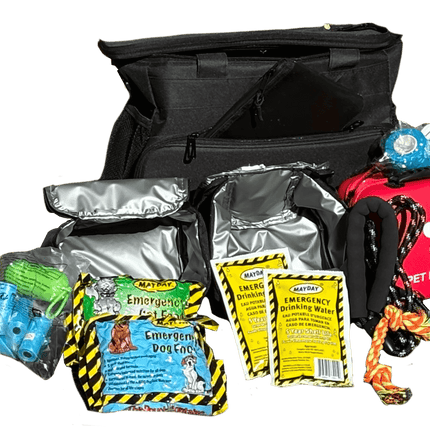 The Safe Pet Kit with essential emergency supplies for dogs and cats, including food, water, and a first aid kit.