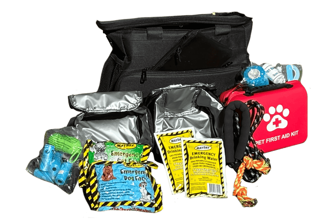 The Safe Pet Kit with essential emergency supplies for dogs and cats, including food, water, and a first aid kit.