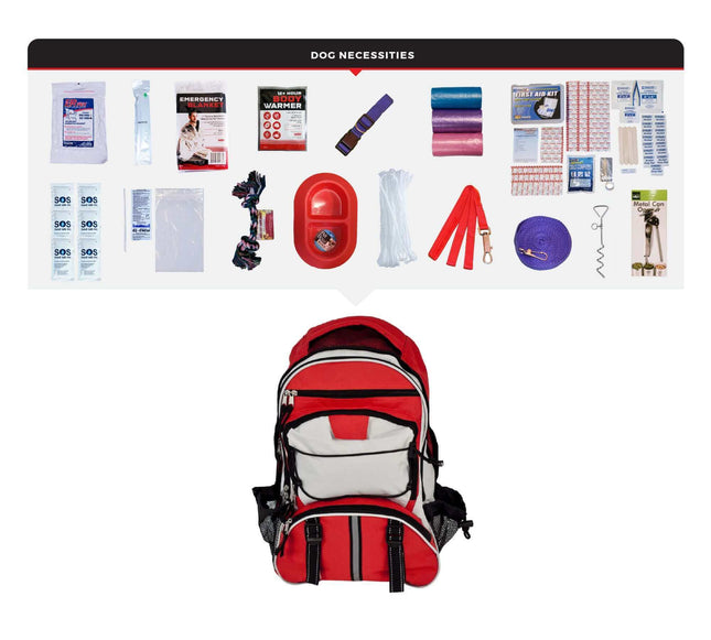 Dog survival kit features a red backpack filled with emergency supplies for canine preparedness.