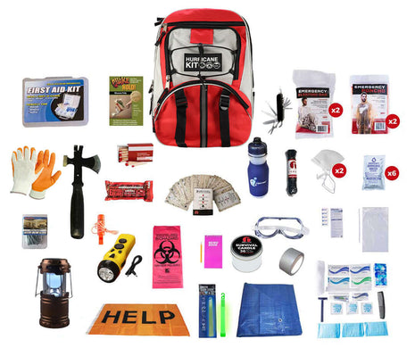 Hurricane Emergency Kit Backpack with survival supplies including first aid, food, lighting, and hygiene essentials.