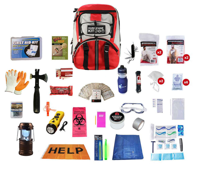 Hurricane Emergency Kit Backpack with survival supplies including first aid, food, lighting, and hygiene essentials.