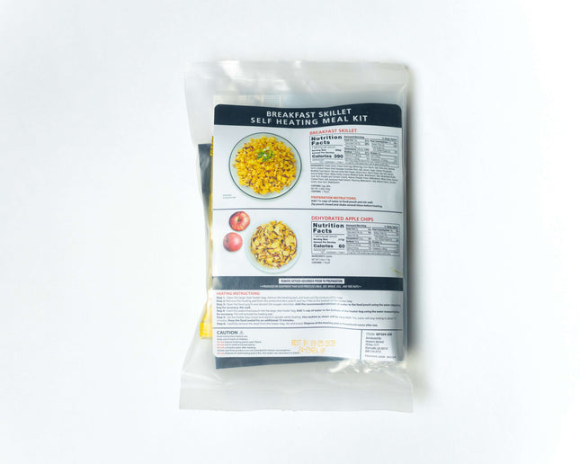 Self-Heating Meal Kit - Sausage, Egg, & Potato Breakfast Skillet packaging showing nutritional facts and meal contents.