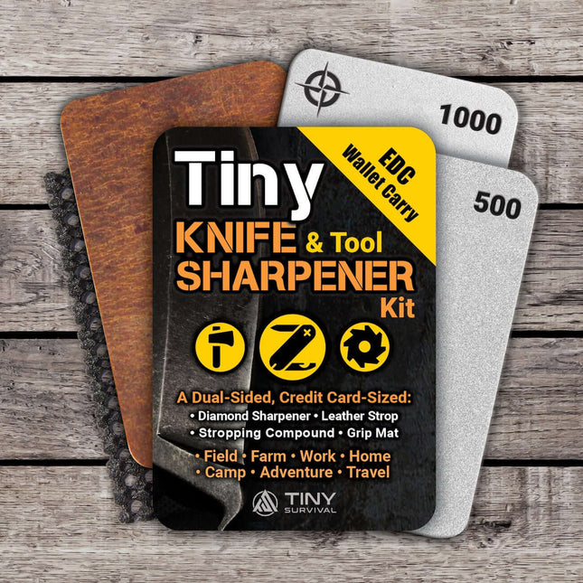 Tiny Knife Sharpener Kit - EDC featuring diamond sharpener, leather strop, and grip mat for effective sharpening.