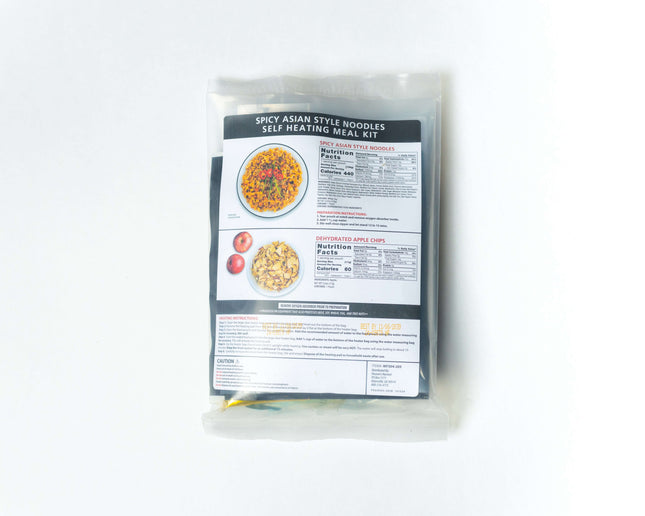 Self-Heating meal Kit - Spicy Asian Style Noodles packaging, featuring meal details and nutritional information.