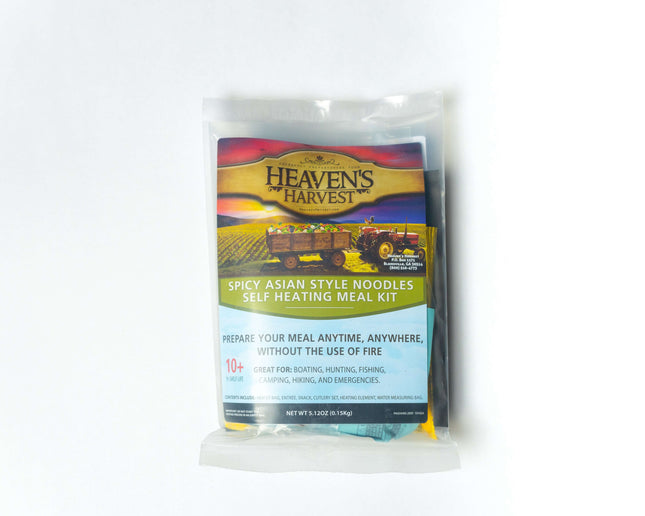 Self-Heating meal Kit - Spicy Asian Style Noodles packaging with instructions for use.