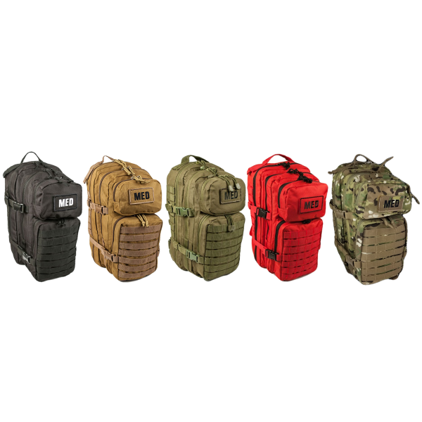 Full line up of EFA Tactical Trauma Kits - Advanced in colors black, tan, green, red, and multicam