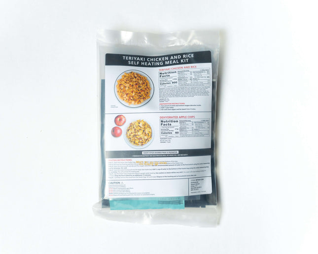 Self-Heating Meal Kit - Teriyaki Chicken and Rice packaging with meal contents and nutrition information.