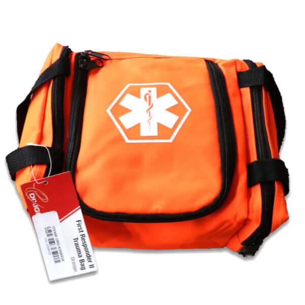 First Responder Jump Bag in bright orange color with medical symbol and zippered compartments.