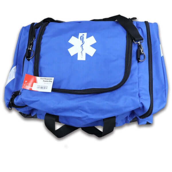 Blue first responder jump bag with emergency medical symbol, designed for trauma and emergency situations.