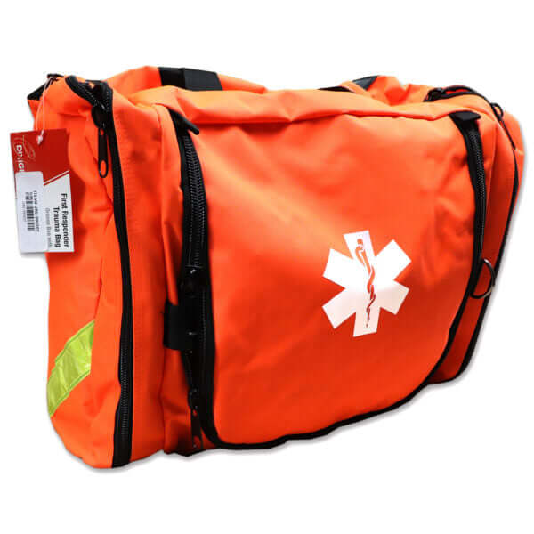151-Piece First Responder Jump Bag with trauma tools, durable, waterproof, and reflective safety striping.