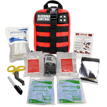 A first aid kit set displayed on a white background, featuring a red and black 'Bleeding Control' pouch, a stop clock, nitrile gloves, gauze, a tourniquet, scissors, a marker, and an instruction sheet.