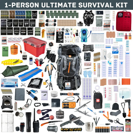1-Person Ultimate Survival Kit with essential gear for emergency situations and evacuation preparedness.