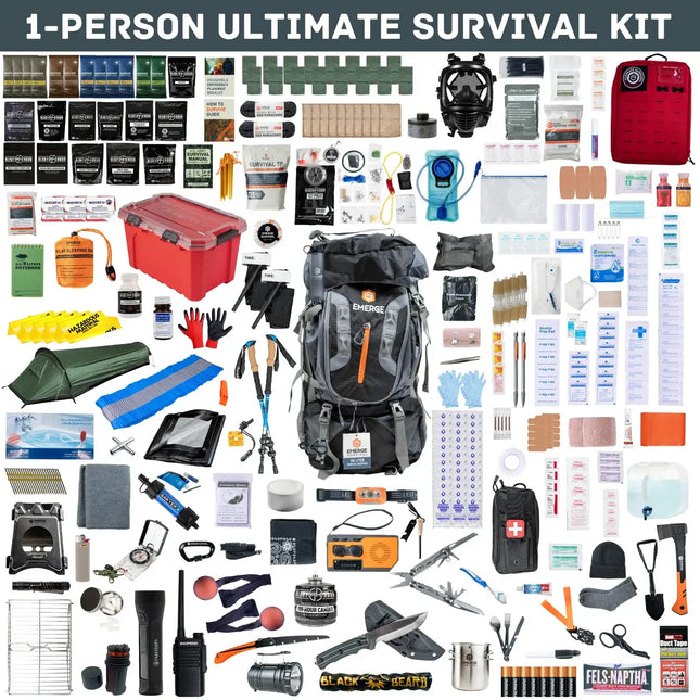 1-Person Ultimate Survival Kit with essential gear for emergency situations and evacuation preparedness.