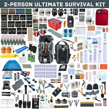 2-Person Ultimate Survival Kit with essential emergency gear and supplies for evacuation or sheltering in place.