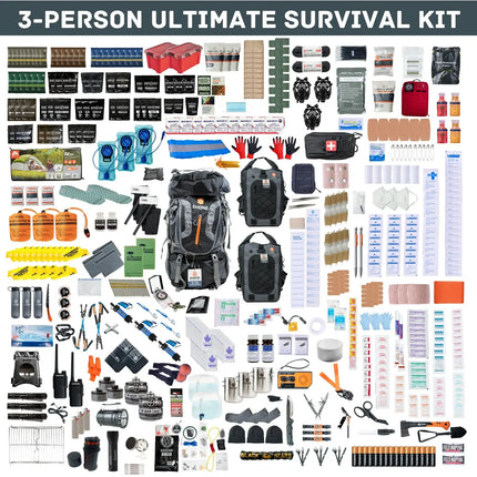 3-person Ultimate Survival Kit including tools, food supplies, and emergency gear for preparedness and safety.