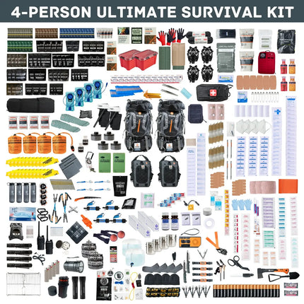 4-Person Ultimate Survival Kit featuring a variety of emergency supplies and equipment for safety and preparedness.