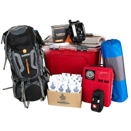 Ultimate Survival Kit with backpack, food supply, medical gear, and shelter essentials for total preparedness.