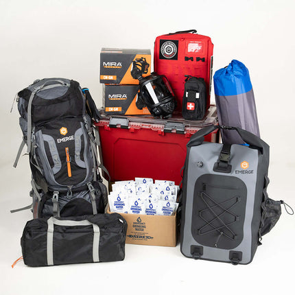 Ultimate Survival Kit featuring backpacks, food supplies, and emergency gear for total preparedness.
