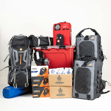 Ultimate Survival Kit with backpacks, medical supplies, and storage for emergency preparedness.