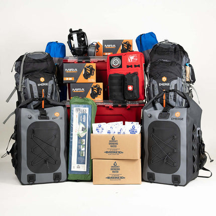 Ultimate Survival Kit featuring backpacks, medical supplies, and food storage for total preparedness.