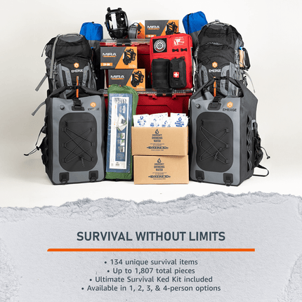 Ultimate Survival Kit with 134 unique survival items, perfect for 1-4 persons, ensuring total preparedness.