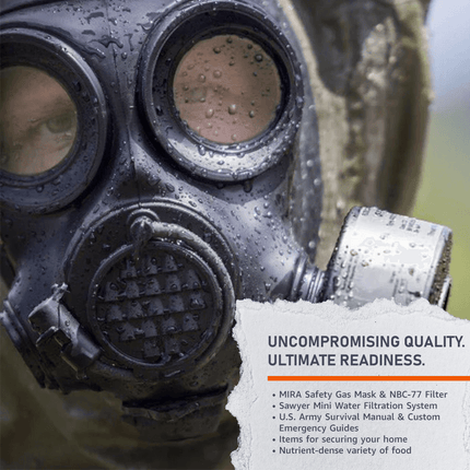 Ultimate Survival Kit includes gas mask, water filter, survival manual, emergency guides, and nutrient-dense food.