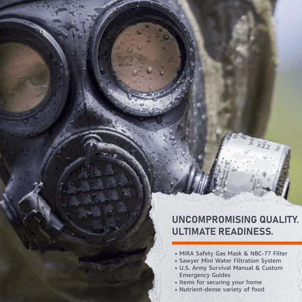 Ultimate Survival Kit includes gas mask, water filter, survival manual, emergency guides, and nutrient-dense food.
