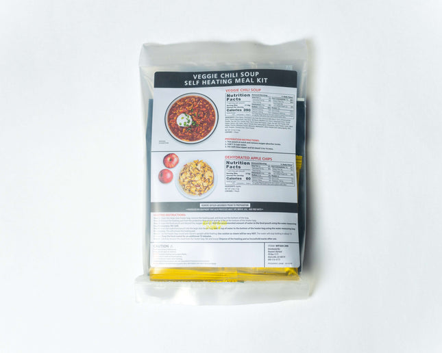 Self-Heating Meal Kit - Veggie Chili Soup packaging with meal details and nutritional information.