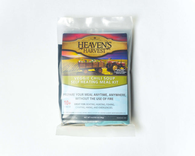 Self-Heating Meal Kit - Veggie Chili Soup package with preparation instructions and features.
