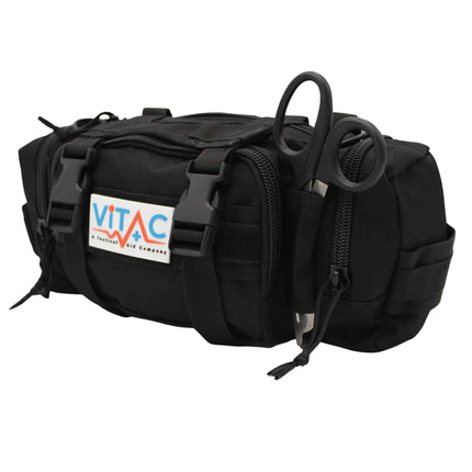 ViTAC Advanced Adventurer First Aid Kit in a compact black case with scissors, designed for outdoor emergencies.