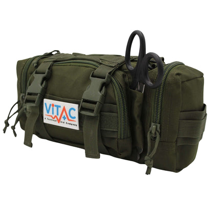 ViTAC Advanced Adventurer First Aid Kit in a compact olive green case with scissors, designed for outdoor emergencies.