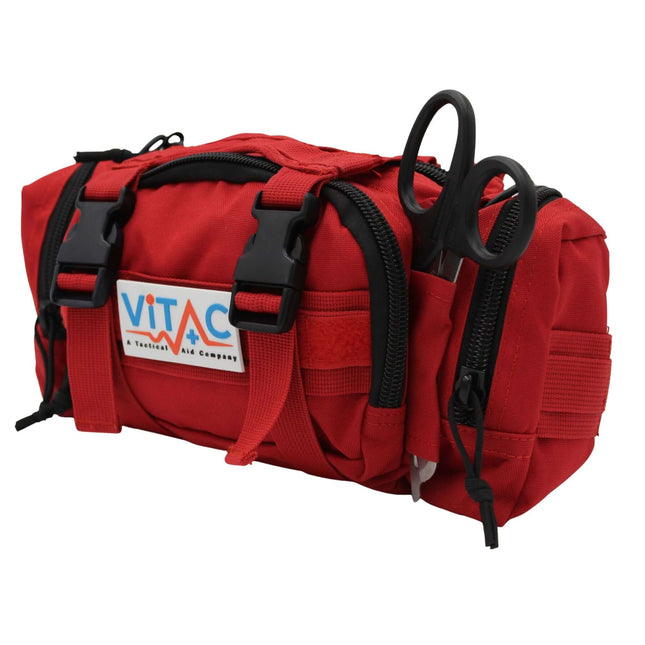ViTAC Advanced Adventurer First Aid Kit in red with scissors, designed for remote environments and outdoor readiness.