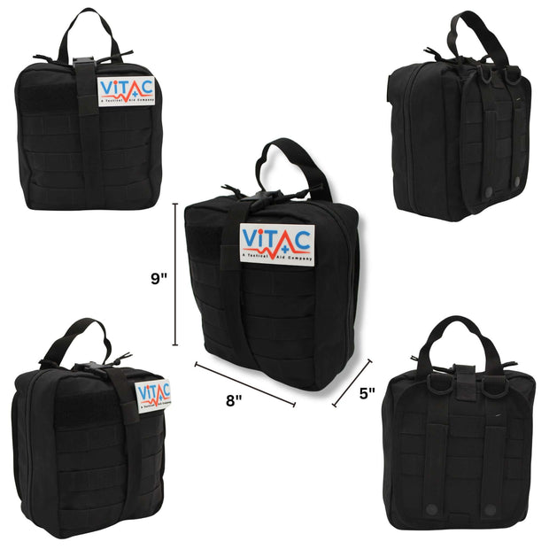 ViTAC Adventurer First Aid Kit showing multiple views, dimensions: 9"x8"x5", featuring tactical black design and sturdy handles.
