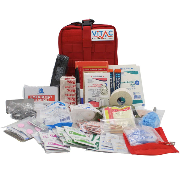 ViTAC Adventurer First Aid Kit with trauma tools, packed with essential medical supplies for outdoor emergencies.