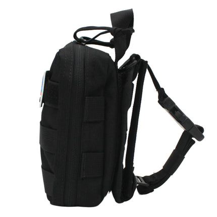 Compact black EDC trauma kit pouch with adjustable straps and MOLLE webbing for everyday carry.