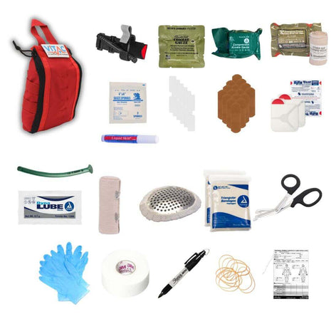 ViTAC Tactical Individual First Aid Kit (IFAK) contents including bandages, gloves, and medical tools for emergency situations.