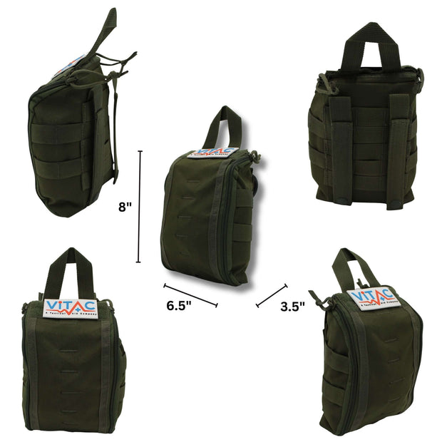 ViTAC Tactical Individual First Aid Kit (IFAK) shown from multiple angles, illustrating compact design and dimensions.