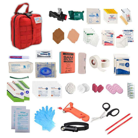 ViTAC Vehicle Plus Trauma Kit including first aid supplies, bandages, splints, gloves, and airway management tools.