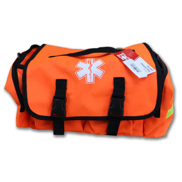 147-piece first responder kit in hi-vis orange, featuring trauma tools, tourniquet, hemostatics, dual compartments, and reflective striping