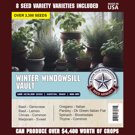 Seeds packet for 'Winter Windowsill Vault' with potted plants on a windowsill.