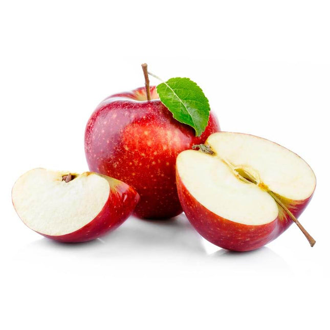 Fresh red apples with one sliced in half, showcasing juicy interior, ideal for healthy snacks.