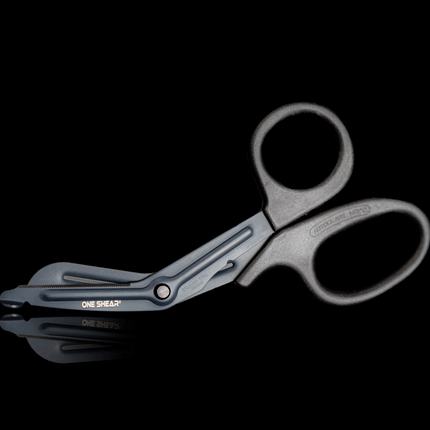 Lightweight medical scissors for EMT, ONE SHEAR® with black fluoride non-stick coating and blunt tip for safety.