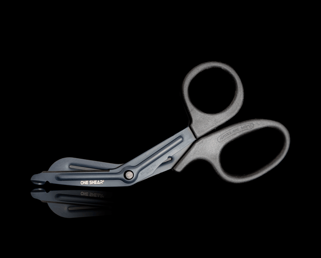 Lightweight medical scissors for EMT, ONE SHEAR® with black fluoride non-stick coating and blunt tip for safety.