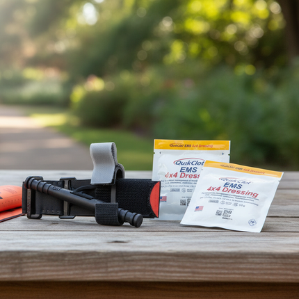 CAT GEN 7 Tourniquet, QuikClot Dressing, and SAM Splint on outdoor table