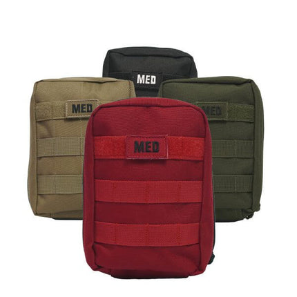 Compact IFAK in black, red, olive, and tan with MOLLE webbing for tactical first aid.