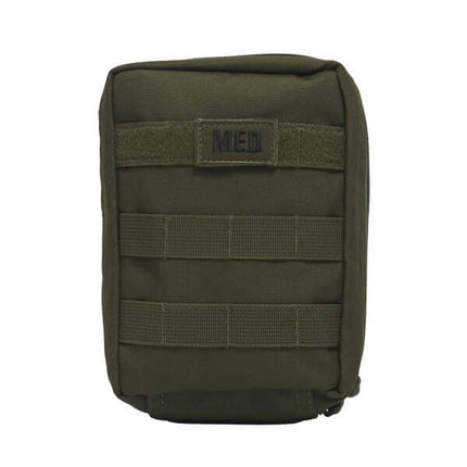 Compact IFAK first aid kit in olive green with MED patch and MOLLE straps for tactical use.