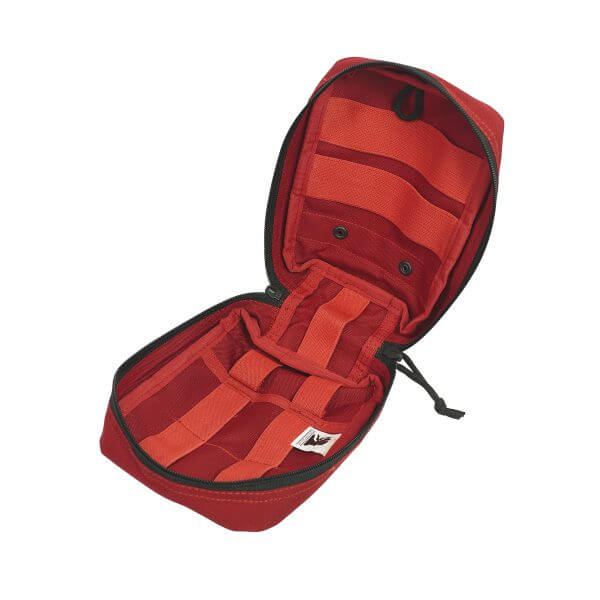 Compact IFAK: open first aid kit featuring red and orange straps for organization.